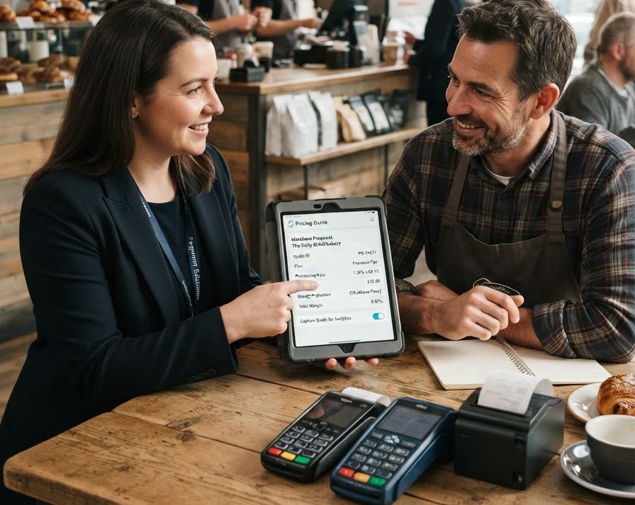 A card payment taken at a merchant counter beside live pricing data