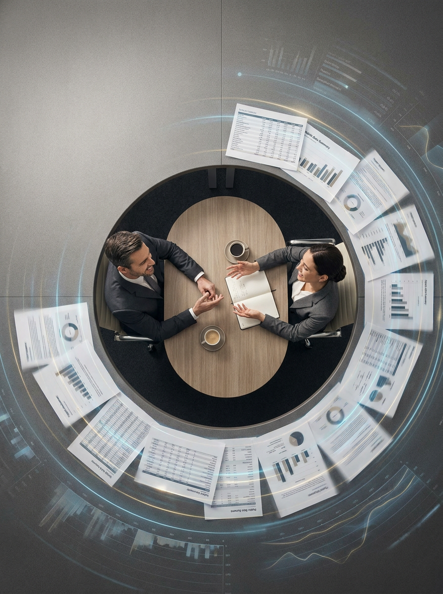 Account managers with a customer on site, not buried in reports