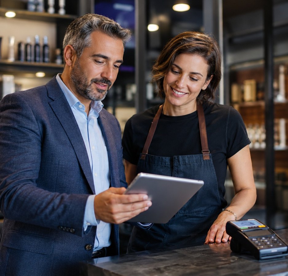 A merchant and their account manager reviewing a quote at the counter