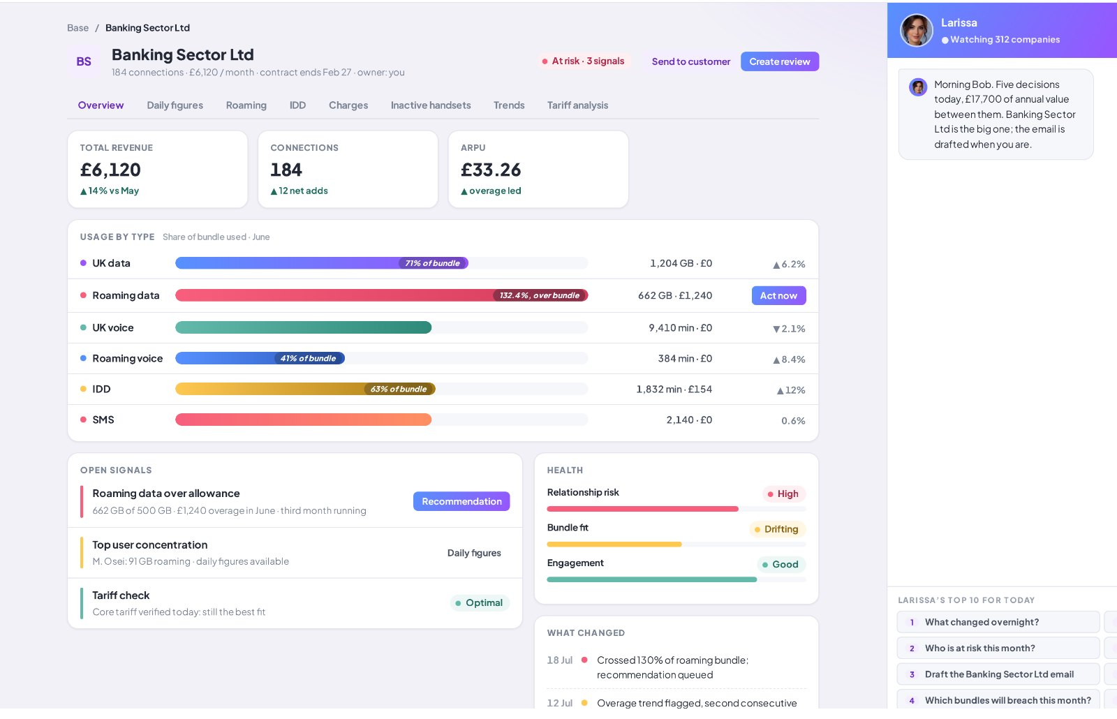A single account with usage by type, open signals, health, what changed and Larissa alongside
